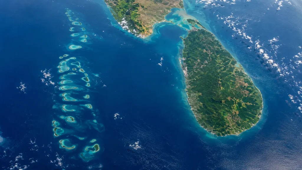 Aerial view of Sri Lanka and the Maldives in the Indian Ocean